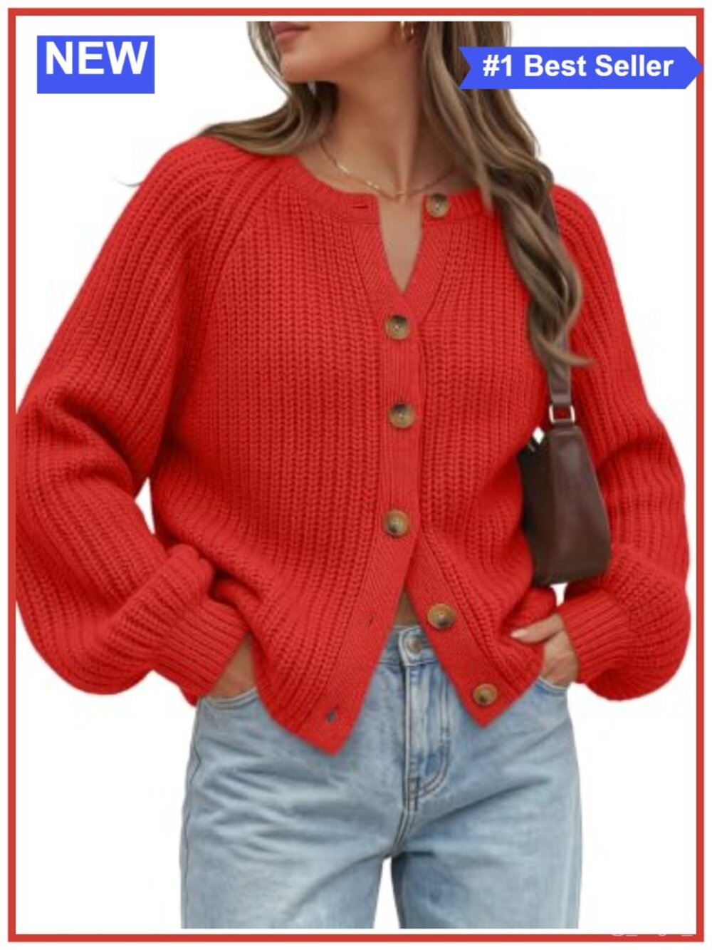 Chunky Knit Cardigan Sweater with Balloon Sleeves Button Down